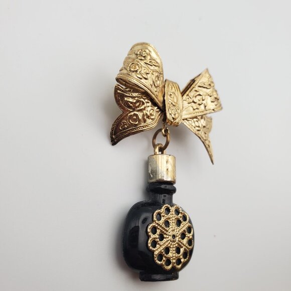 Vintage Ornate Gold Metal Bow w/ Dangling Black Glass Perfume Bottle Brooch Pin - Picture 2 of 6